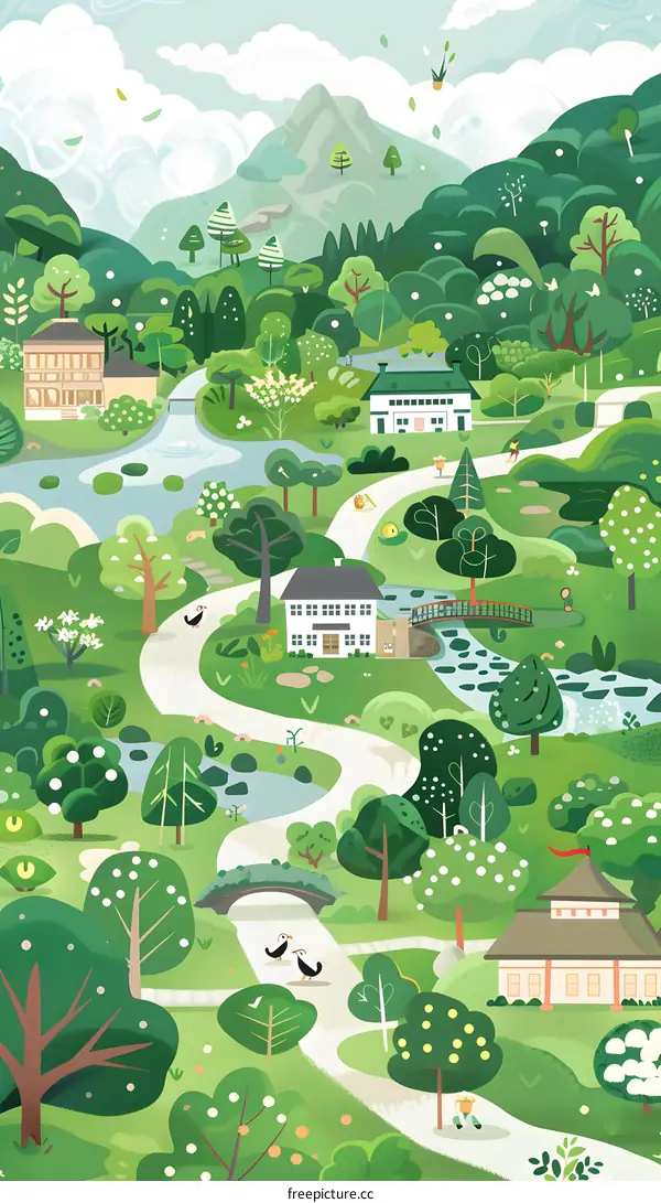 Green Landscape With Buildings And A Winding Path