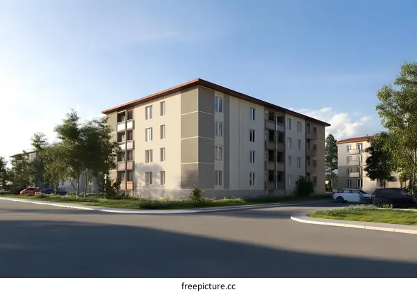 Exterior View of Modern Apartment Building with Green Grass and Trees