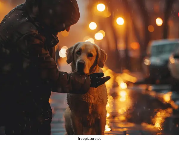 Man petting a dog on a rainy street at night