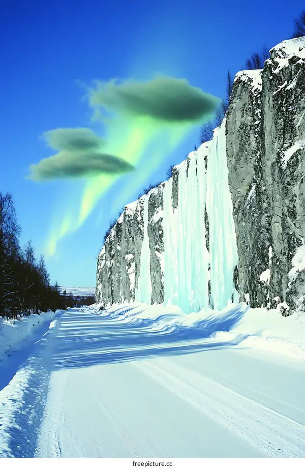Winter Landscape with Frozen Waterfall and Aurora Borealis