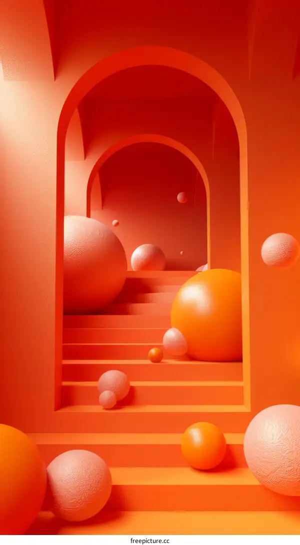 Orange surreal arched hallway with pink and orange spheres