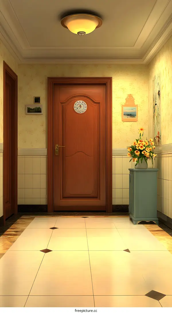 Modern Interior Design of a Hallway with a Wooden Door and Yellow Flowers