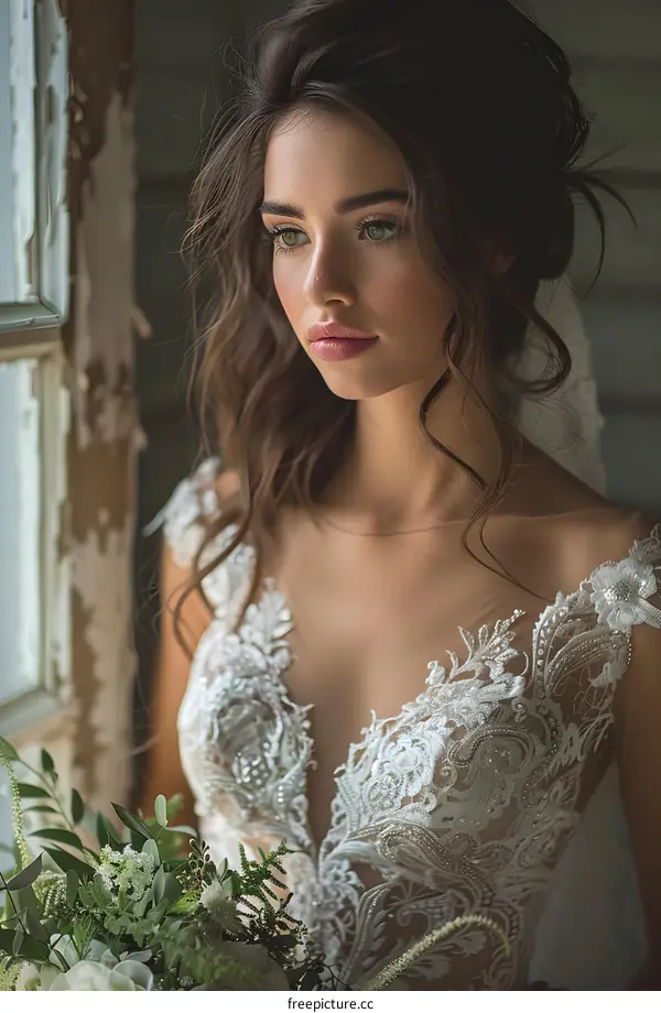 Close-up of bride in lace wedding dress