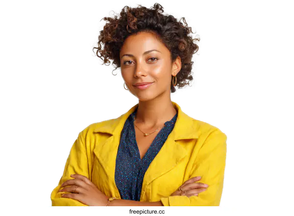 [Transparent Background PNG]Confident Woman in Yellow Coat Portrait