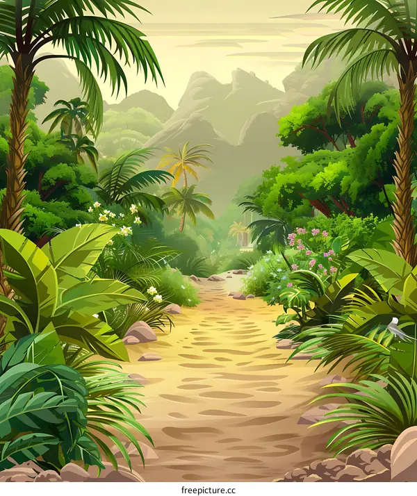 Jungle Path with Palm Trees and Mountains