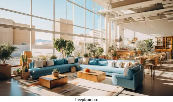 Blue Sofa with Plants by Windows in Modern Living Room