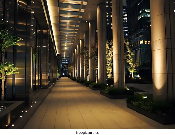 Modern Building Exterior Walkway with Columns and Plants at Night