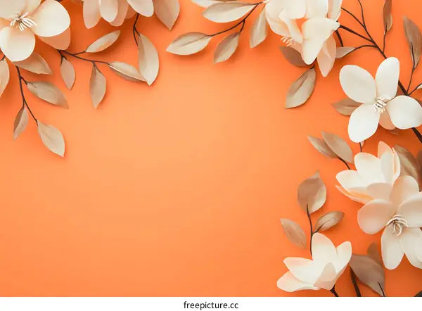 White Flowers and Golden Leaves on Orange Background