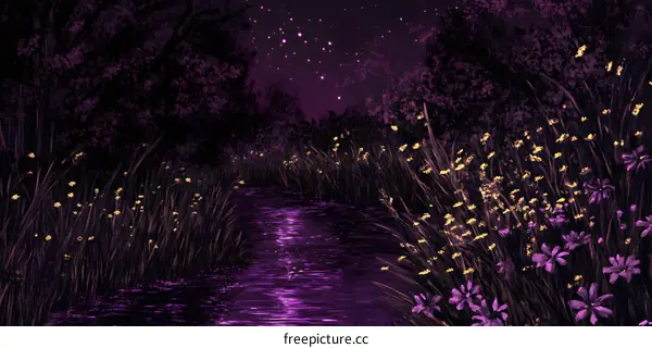 Purple Night Creek With Yellow And Purple Flowers