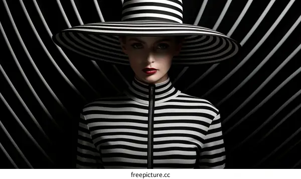 Black and white striped pattern portrait of a beautiful woman wearing a large hat