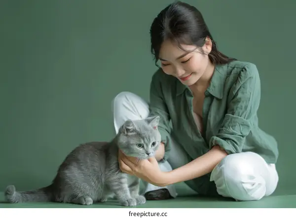 A young woman is sitting on the floor with a gray cat