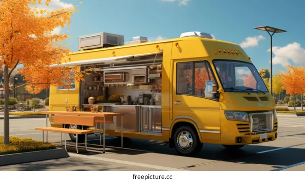 Yellow Food Truck with Picnic Table in Parking Lot