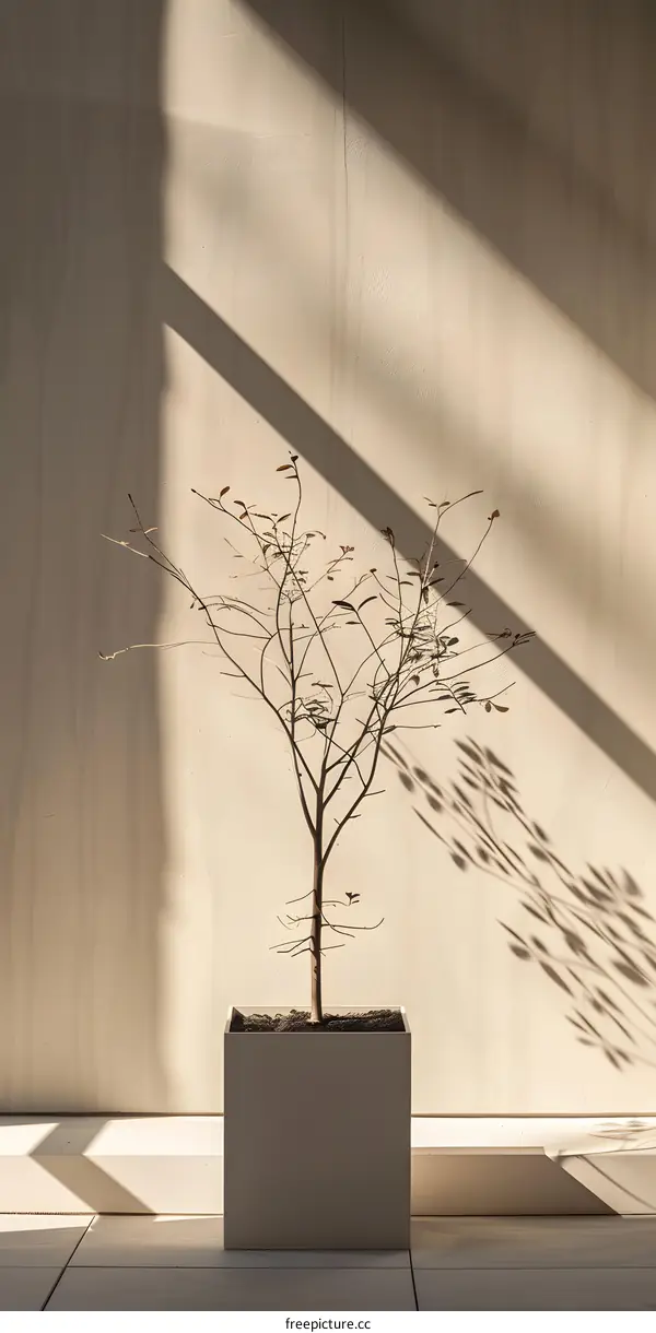 Minimalist Plant In A White Pot With Sunlight Streaming Through A Window