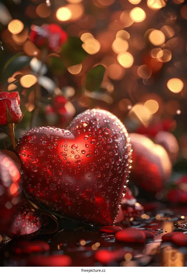 Red Heart with Water Drops on Rose Petals