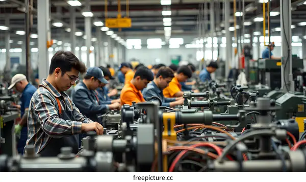 Asian Workers Operating Machinery in a Factory
