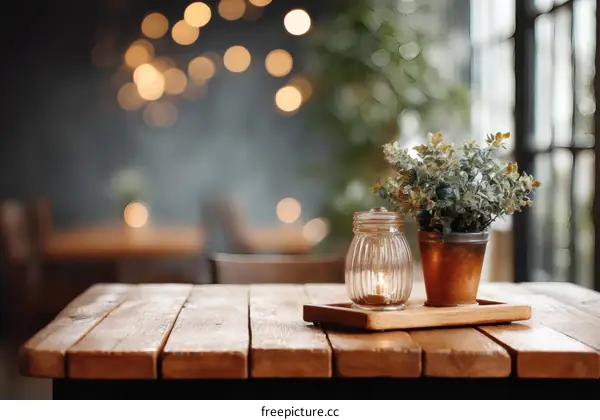 Rustic Wooden Table with Plants and Lighting