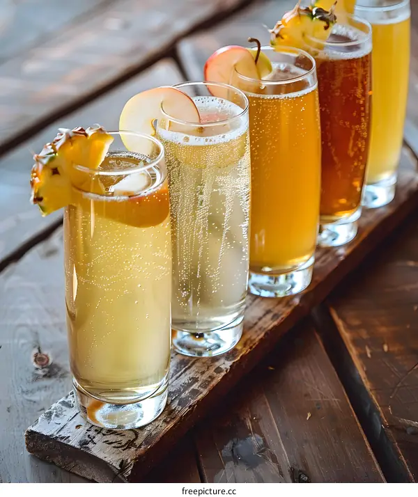 Four Glasses of Sparkling Cider on a Wooden Tray