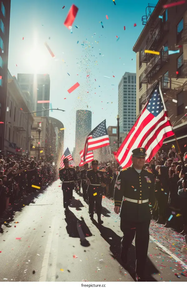 Military personnel marching in parade with American flags and confetti falling
