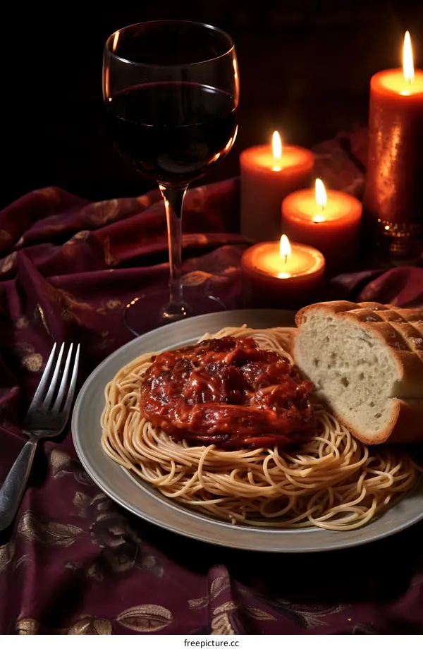 A delicious plate of spaghetti with a glass of red wine and bread