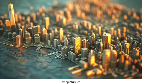 Golden Miniature Cityscape with Skyscrapers