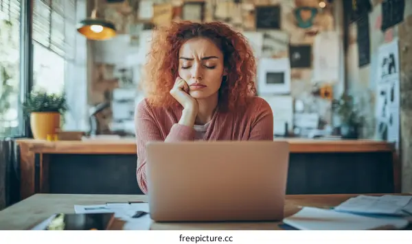 Woman Working on Laptop in Cafe  Tired
