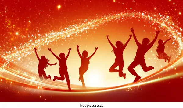 Silhouettes of Happy People Jumping in Celebration