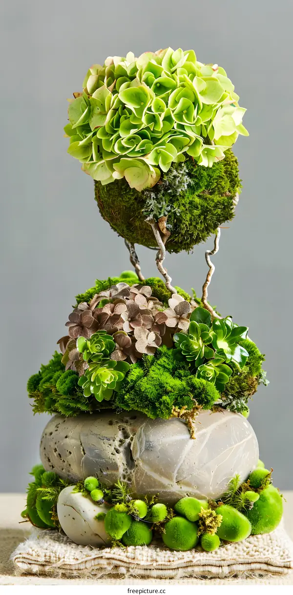 Green Hydrangea Flower Arrangement With Moss And Stones