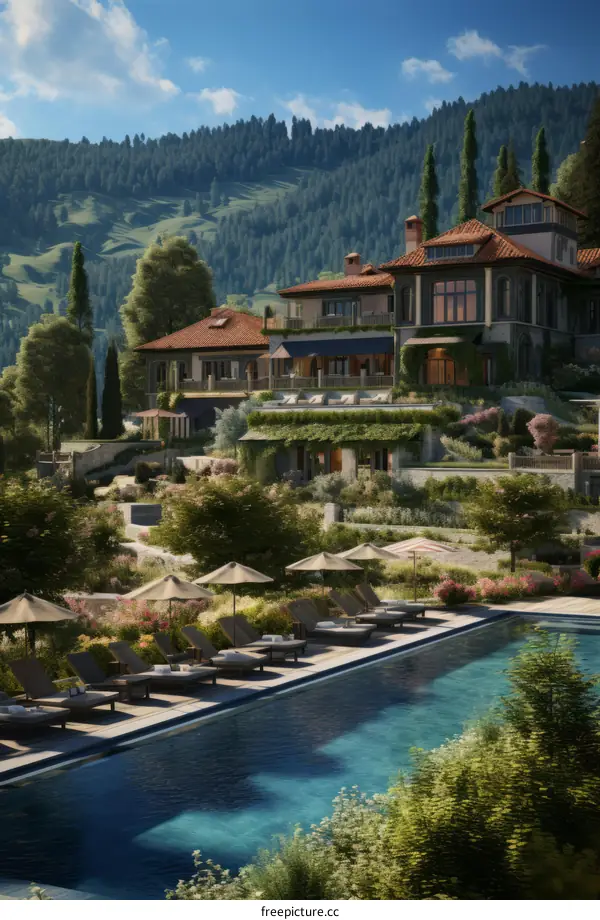 A luxurious villa with a pool and a beautiful view of the mountains