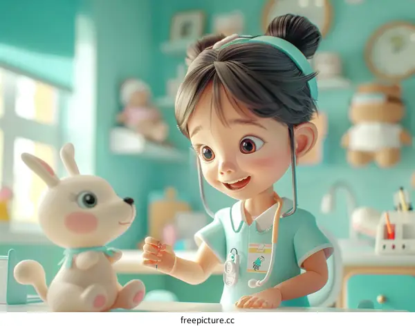 Little Girl Giving a Stuffed Bunny a Shot