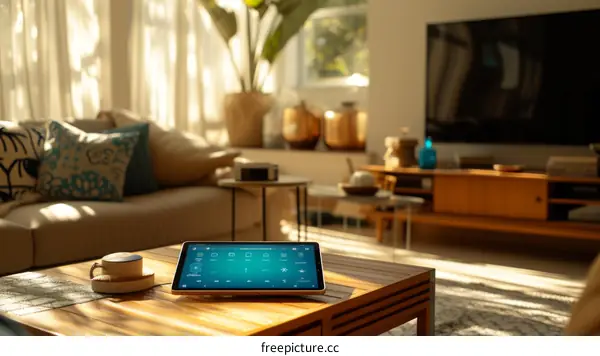 Smart home control panel on a coffee table in a modern living room with a large TV and plants