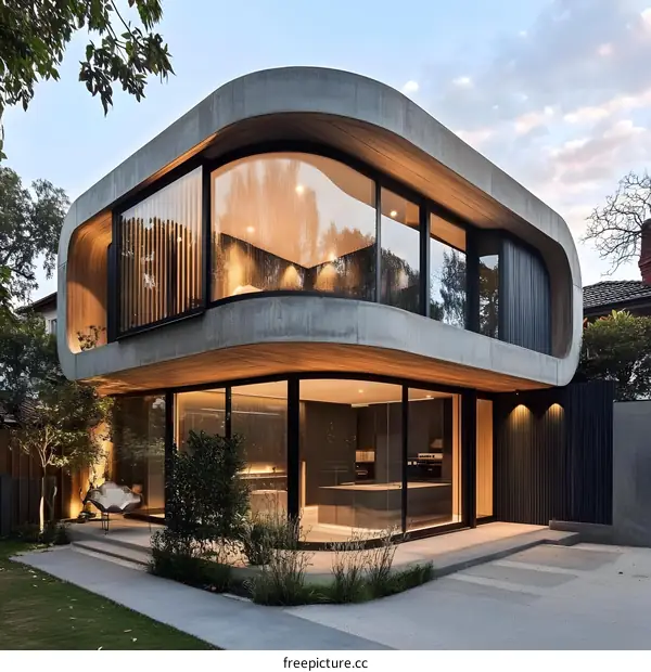 Modern Concrete House with Curved Design and Large Windows