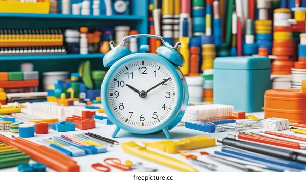Colorful School Supplies and a Clock