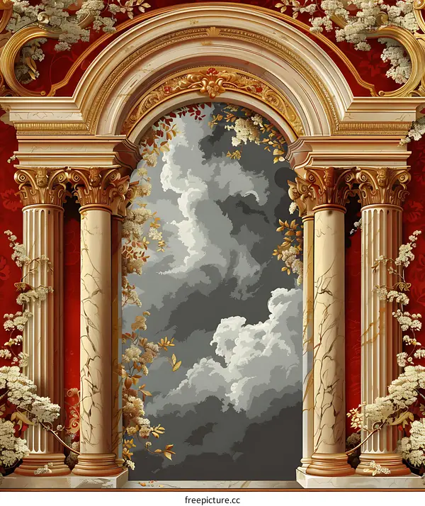 Luxury archway with columns and a cloudy sky