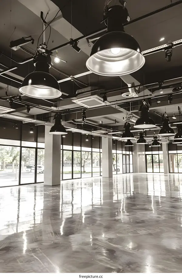 Modern Empty Loft Space with Large Windows and Hanging Lamps
