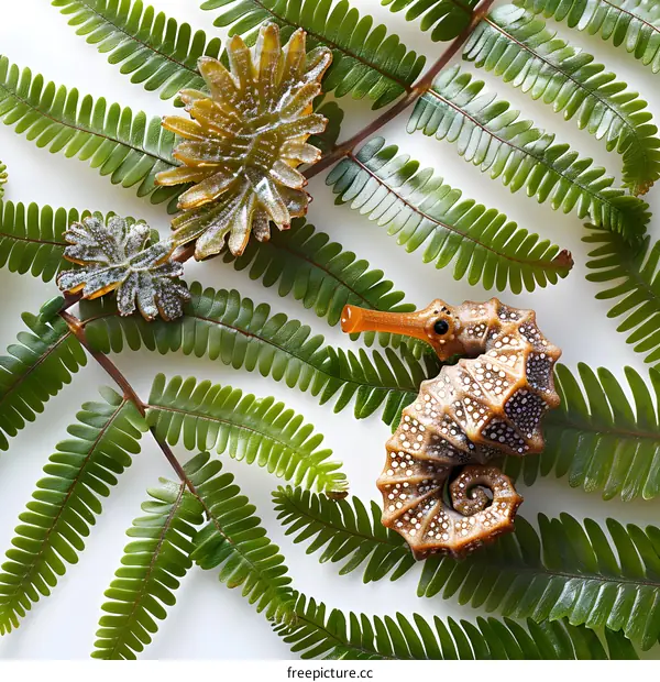 A composition of a brown and white glass seahorse and a green fern frond