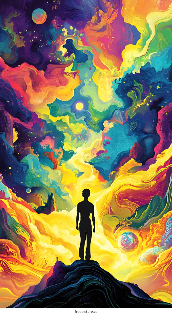 Silhouette Of Man Standing On Hilltop With Colorful Abstract Sky