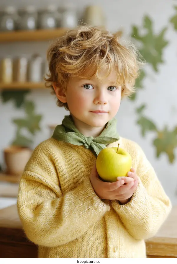 Adorable Child Holding a Green Apple in a Kitchen Setting