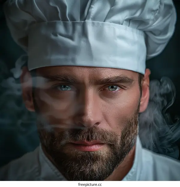 Portrait of a male chef looking at the camera with smoke around his face