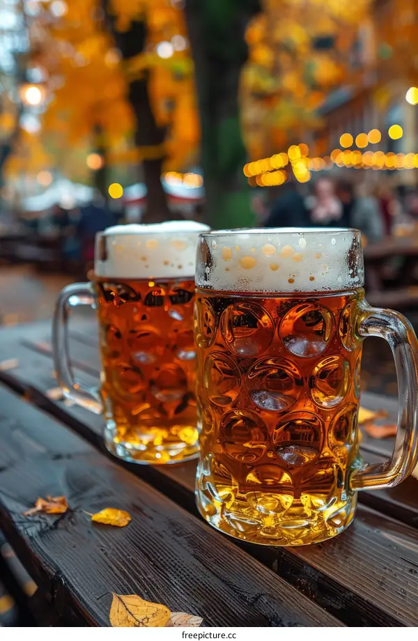 Two glasses of beer on a wooden table in an autumn park