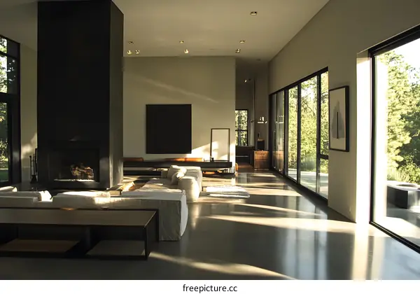 Modern Minimalist Living Room Interior Design With Large Windows and Fireplace