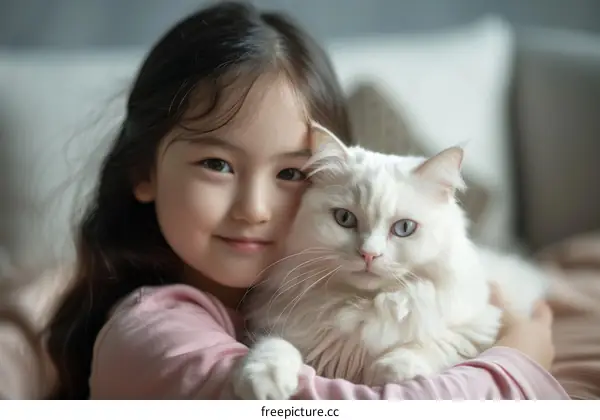 An Asian girl hugging a white cat