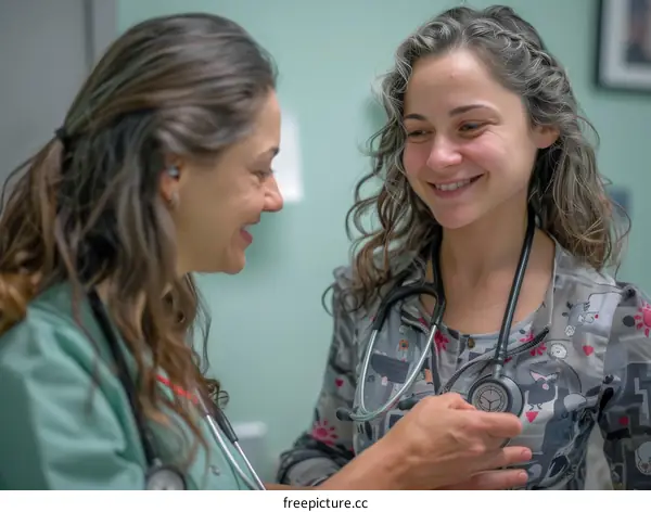 Two female veterinarians smiling in a clinic