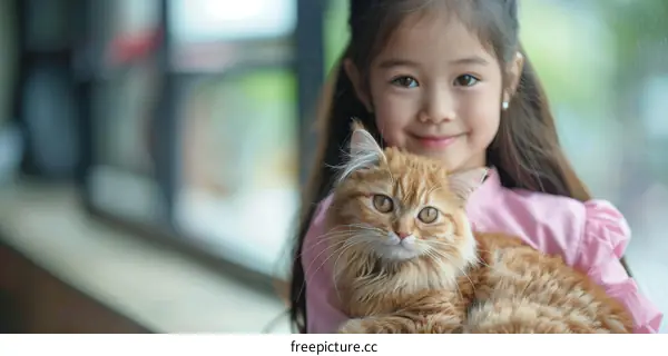 A young girl is hugging an orange cat