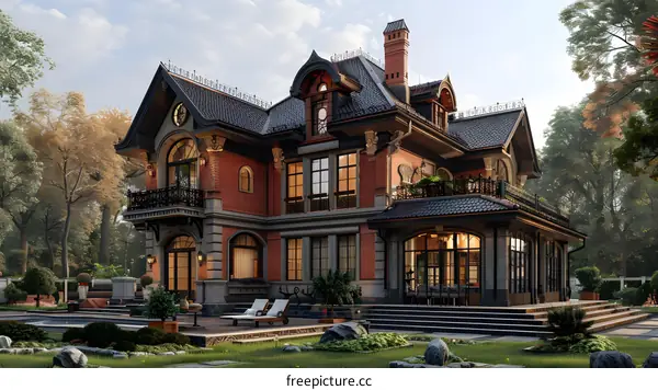 European-style house with a beautiful yard