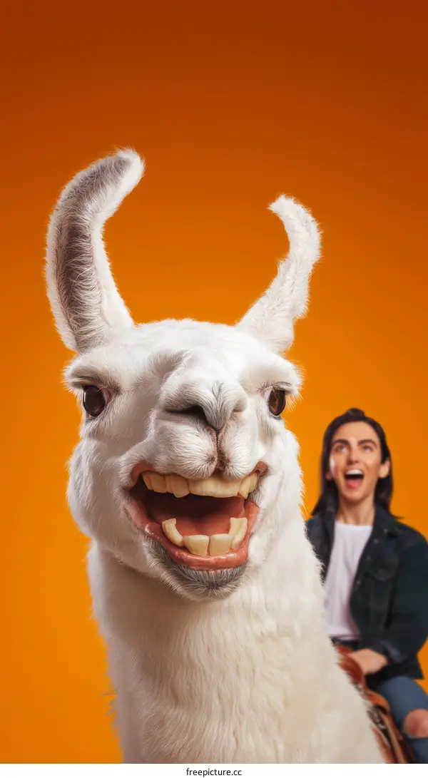 Funny Llama with a Person on its Back Against Orange Background