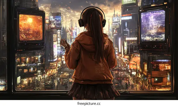 Futuristic Cityscape with a Young Woman