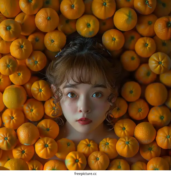 girl laying in pile of oranges