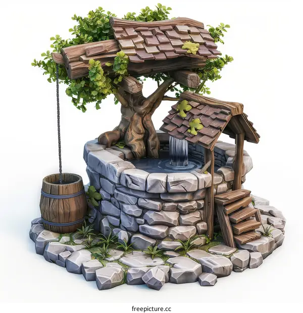 Medieval Wooden Well with Thatched Roof and Tree Growing Through
