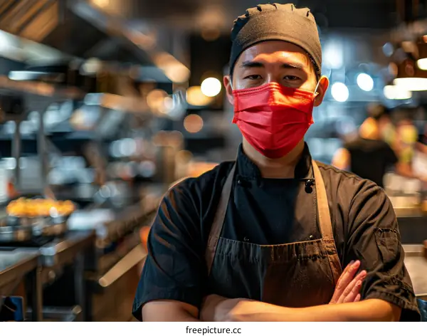 Portrait of a Chef in a Busy Kitchen Wearing a Mask