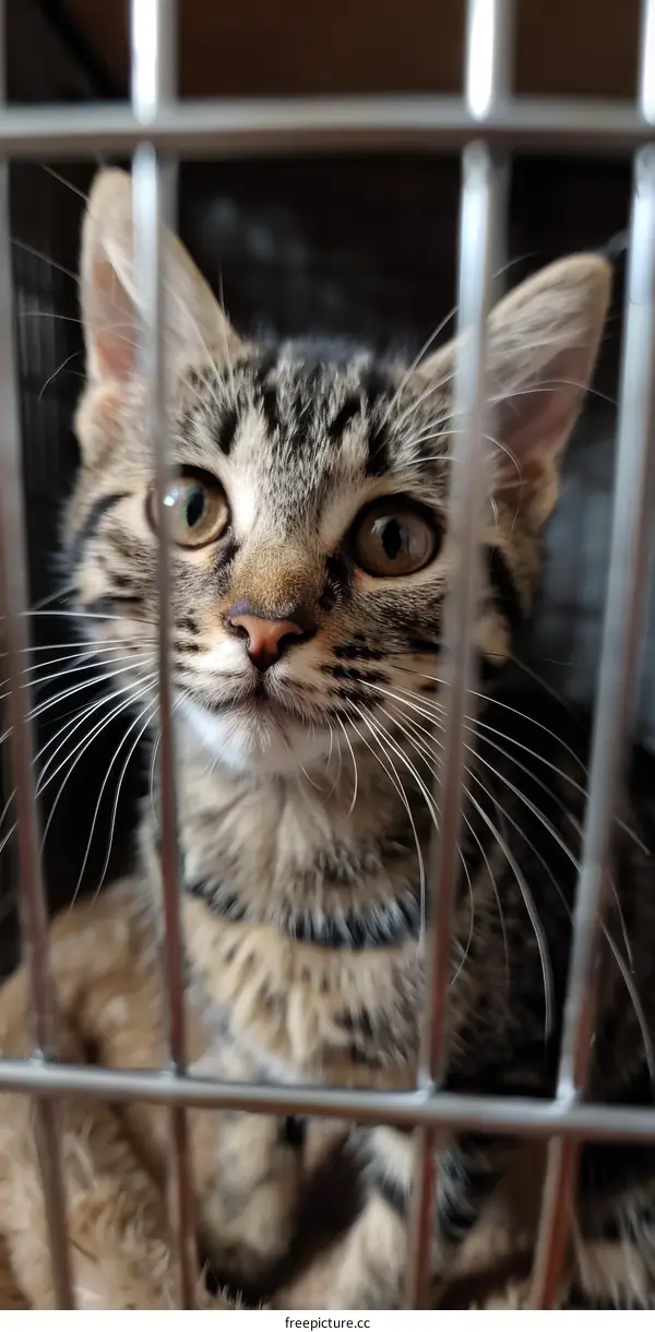 A cute tabby kitten is looking out of a cage